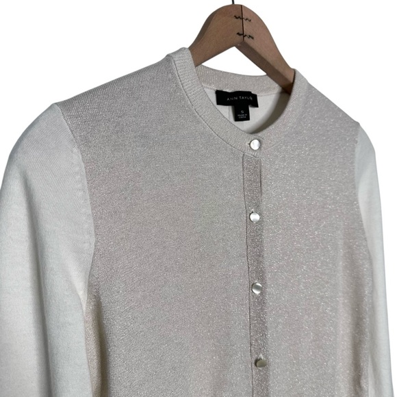 Ann Taylor | Cream and Gold Metallic Button Down Cardigan Sweater Size Small - Picture 2 of 5